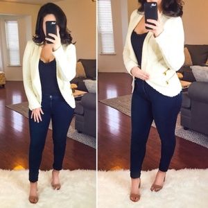 ZARA Cream and Gold Frayed Hem Blazer